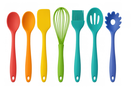 Colorful silicone cooking utensils neatly displayed against transparent surface, showcasing diverse kitchen tools with sleek modern design
