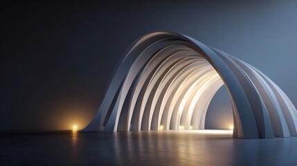 Obraz premium Stylized reflective archways arranged in a circular formation resembling a modern sculpture, lit from the left by a softbox light, producing a gentle gradient on each arch's curvature, enhancing 