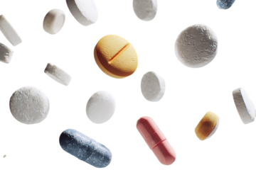 Various pills and capsules falling on black background