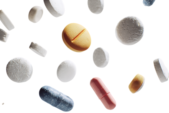 Various pills and capsules falling on black background