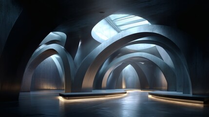 Futuristic abstract architecture with overlapping brushed metal archways that curve organically into one another, floating slightly above a matte stone base, surrounded by ambient cool-toned 