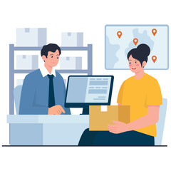 Distributor Logistic Illustration. Vector illustration of A woman consults with a logistics employee for package shipment at the office. Isolated on background