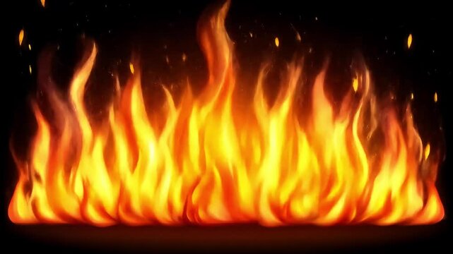 A dynamic wall of glowing orange and yellow fire illuminates the darkness with its intense heat.