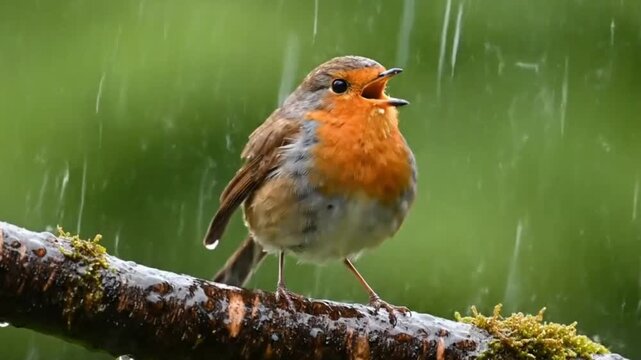 A European robin perched on a mossy branch singing in the rain
