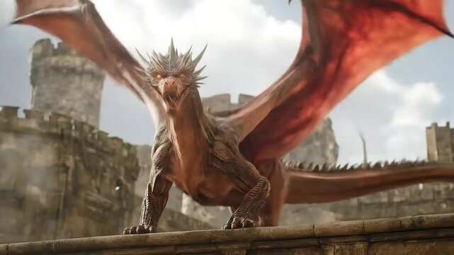 A magnificent winged reptile with an open maw dominates the ancient stone ramparts.