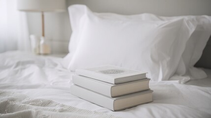 Three books sit on a bed with white sheets, pillows, blanket, lamp in background