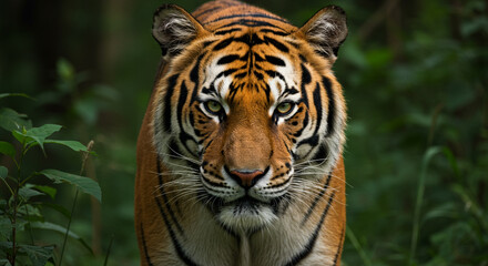 Fototapeta premium A tiger stares intensely at the viewer, its orange and black stripes contrasting with the green foliage.