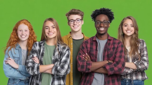 Diverse Youth: A group of diverse teenagers with radiant smiles, arms crossed, stand confidently against a bright green backdrop, embodying the spirit of youthful vitality.