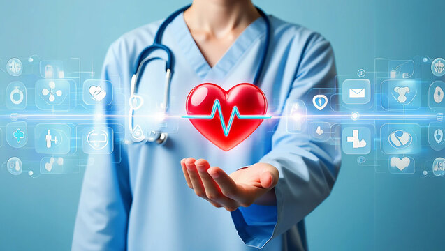 Doctor holding digital heart with medical icons healthcare technology