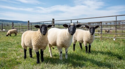 Fototapeta premium A trio of fluffy white sheep with black faces play in a green field under a cheerful sky. One lifts its head, the rest munch grass near an old iron fence and open meadow. 