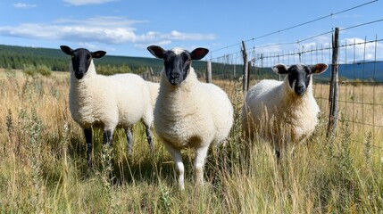 Fototapeta premium Under a bright sky and moon, three white sheep with black legs enjoy the field near an iron fence. One sheep looks up curiously while the others graze in the lush meadow. 