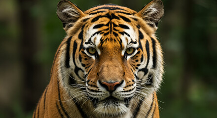 Fototapeta premium Close-up portrait of a tiger, showcasing its striking orange and black stripes, intense gaze, and powerful features against a blurred green forest background.