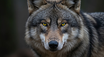 Obraz premium A gray wolf stares intently, its piercing yellow eyes fixed on the viewer, showcasing its powerful presence in a dark forest setting.