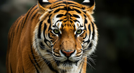 Fototapeta premium A majestic tiger stares directly at the viewer, showcasing its striking features.