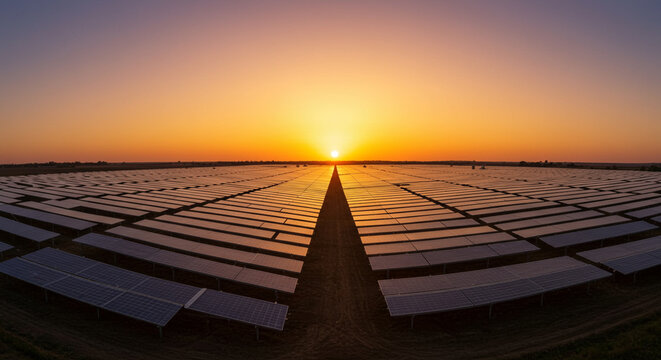 Rows of solar panels stretch to the horizon under a vibrant sunset, reflecting light and creating a symmetrical composition.