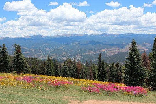 Mountain meadow bursts with wildflowers.  Vast valley unfolds beneath.  Vast blue sky, puffy white clouds