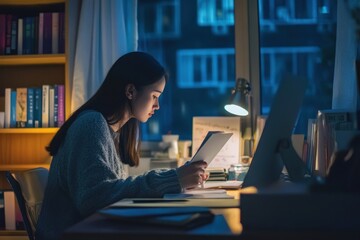 Asian university student doing research at night, cozy desk setup