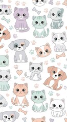 Seamless pattern of cute cartoon cats and dogs with paw prints and hearts in a pastel color background.