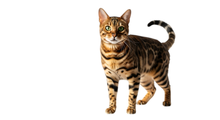 Bengal cat standing and looking forward isolated on transparent background