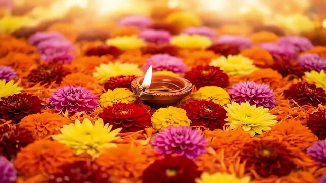 Bright Diya Lamp on Vibrant Flower Arrangement for Onam or Puli kali celebration decor 