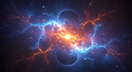 Cosmic collision: fiery orange and icy blue nebulae clash in a vibrant, energetic explosion within a dark space.