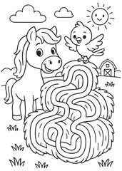 Coloring book pony with a bird near a maze-shaped haystack.