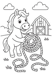 Coloring book pony holding a rope in front of a barn.