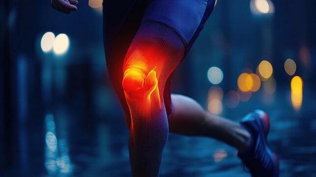 Close-up medical illustration of runner's knee pain with red heat glow highlighting joint inflammation during night street running