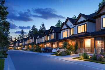 architectural rendering of upscale townhomes, bright lighting, summer vibes