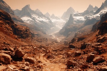 Martian valley, snow-capped peaks.  Vast, rusty landscape, rocky terrain