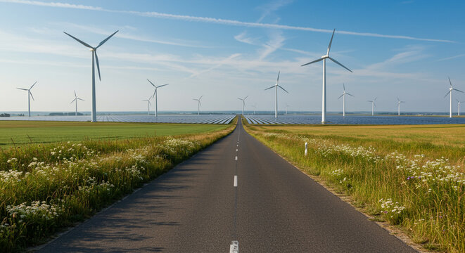 A scenic road stretches towards a horizon dotted with wind turbines, flanked by vibrant green fields under a clear blue sky.