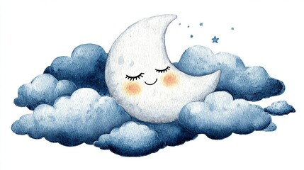 A watercolor painting of a crescent moon with a smiling face, eyes closed, nestled in fluffy indigo clouds, accented with tiny twinkling stars