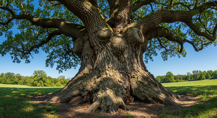 Majestic old oak tree with gnarled trunk, sprawling branches, and lush green foliage in a grassy field under a clear blue sky.