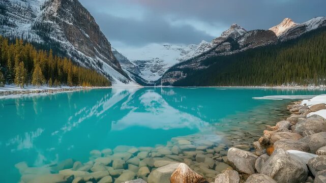 Stunning landscape featuring a turquoise-colored lake in the middle of the mountains.