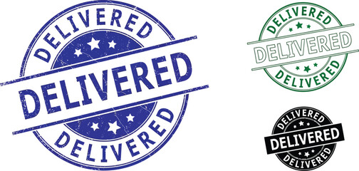 Delivered stamp vector illustration set, delivery completed icon, shipping seal, grunge effect 100
