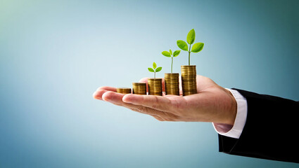 Growing green plants on stacked gold coins held in hand growth money