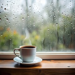 A cup of coffee on a windowsill during a rainy day