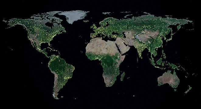 Global map showing Earth's landmasses, vegetation, and light pollution.