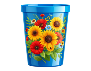 Blue Plastic Cup with Wildflower Graphics, Front Facing – Isolated PNG.