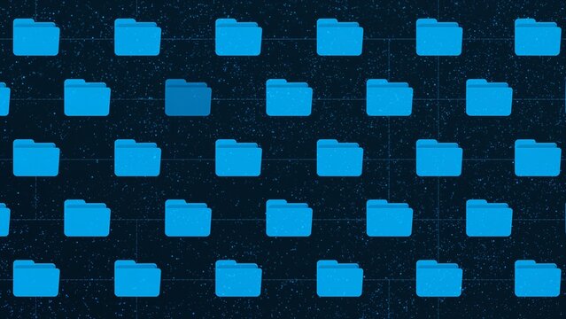 A single light-blue file folder stands out amidst a grid of darker blue folders, representing data organization or a search result.