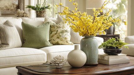 Elegant neutral living room with white sofa, olive green pillow, yellow spring flowers in a vase and ceramic accessories on a wooden table