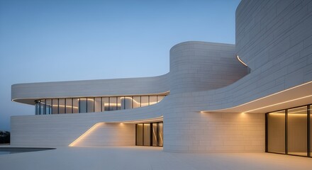 Modern white  Beige Stone Building with Curved Walls and Subtle Lighting