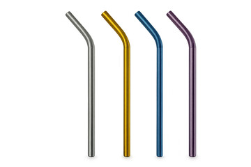 Obraz premium Four colorful reusable metal drinking straws isolated on transparent background represent sustainability and eco-friendly choices