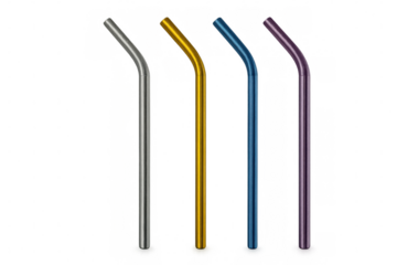 Four colorful reusable metal drinking straws isolated on transparent background represent sustainability and eco-friendly choices