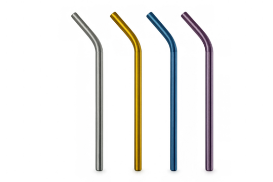 Four colorful reusable metal drinking straws isolated on transparent background represent sustainability and eco-friendly choices