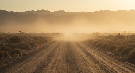 Desert Road at Sunset: Golden Hour Dust Trail