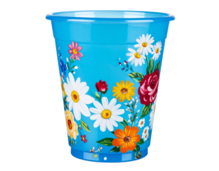"Blue Plastic Cup with Vibrant Floral Art, Top View – Isolated PNG"