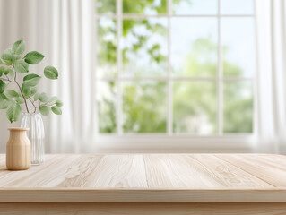 Wooden tabletop with bright window and green leaves background
