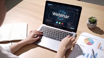 Woman Attending Webinar on Laptop in Brightly Lit Office with Wooden Desk and Charts for Adobe Stock Photos - Powered by Adobe