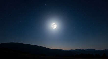 Majestic Full Moon Illuminates Starry Night Sky Over Silhouetted Mountains